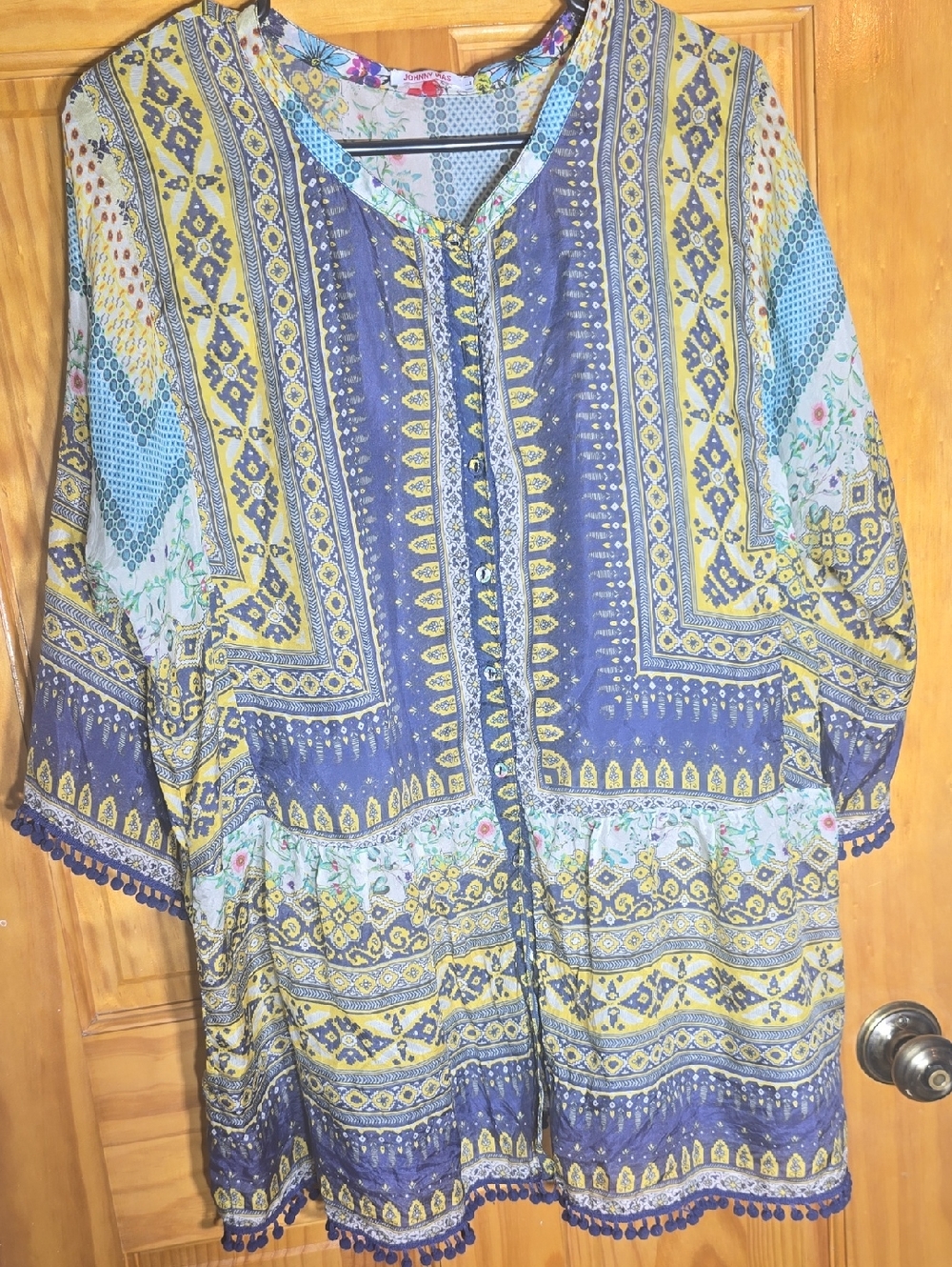 Johnny Was Multicolor Floral and Geometric Print Top